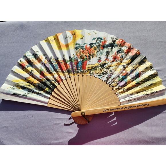 Korean Mulberry Paper Bamboo Hanji Hand Fan Congress Of Entomology GANGGANGSULAE - Picture 2 of 12